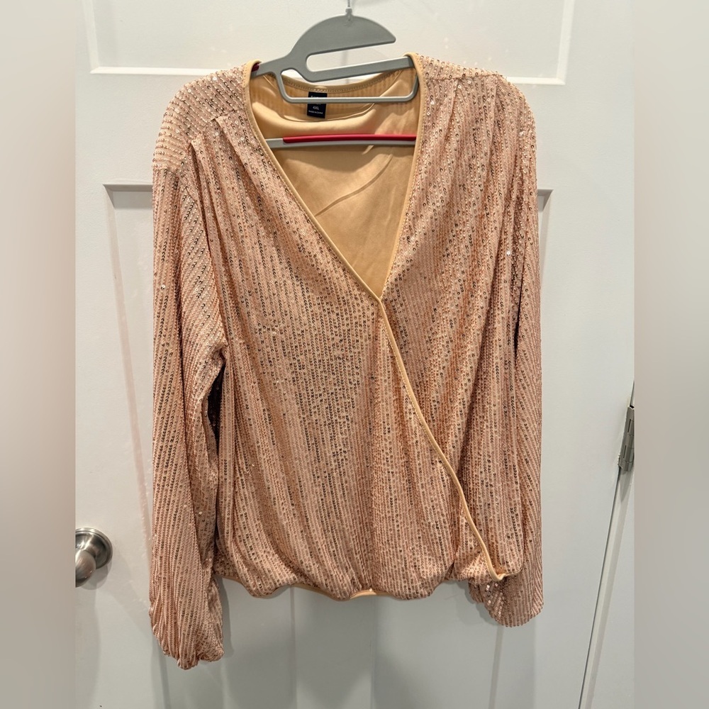 SHEIN Curve Rose Gold Sequin Wrap Top | Plus Size 4XL Party Blouse